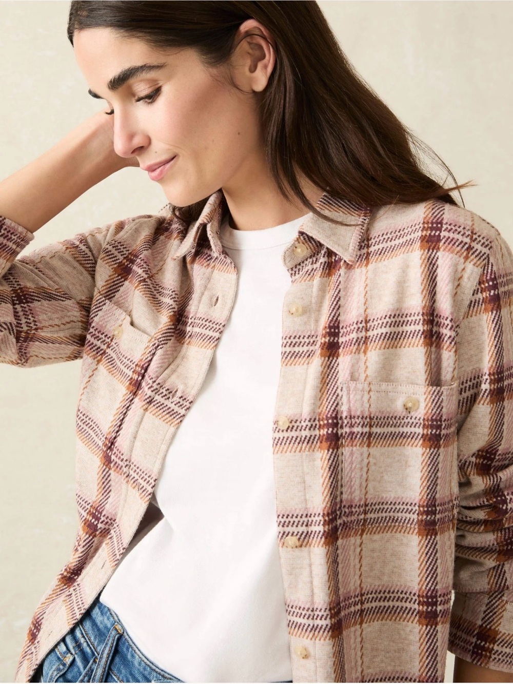Faherty Women’s Legend Shirt Tan with Pink Plaid size Large